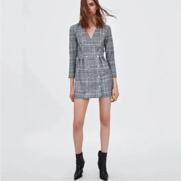 ZARA TRF Preppy Plaid Double Breasted Buttons Blazer Style Longsleeve Mini Dress - Picture 3 of 9